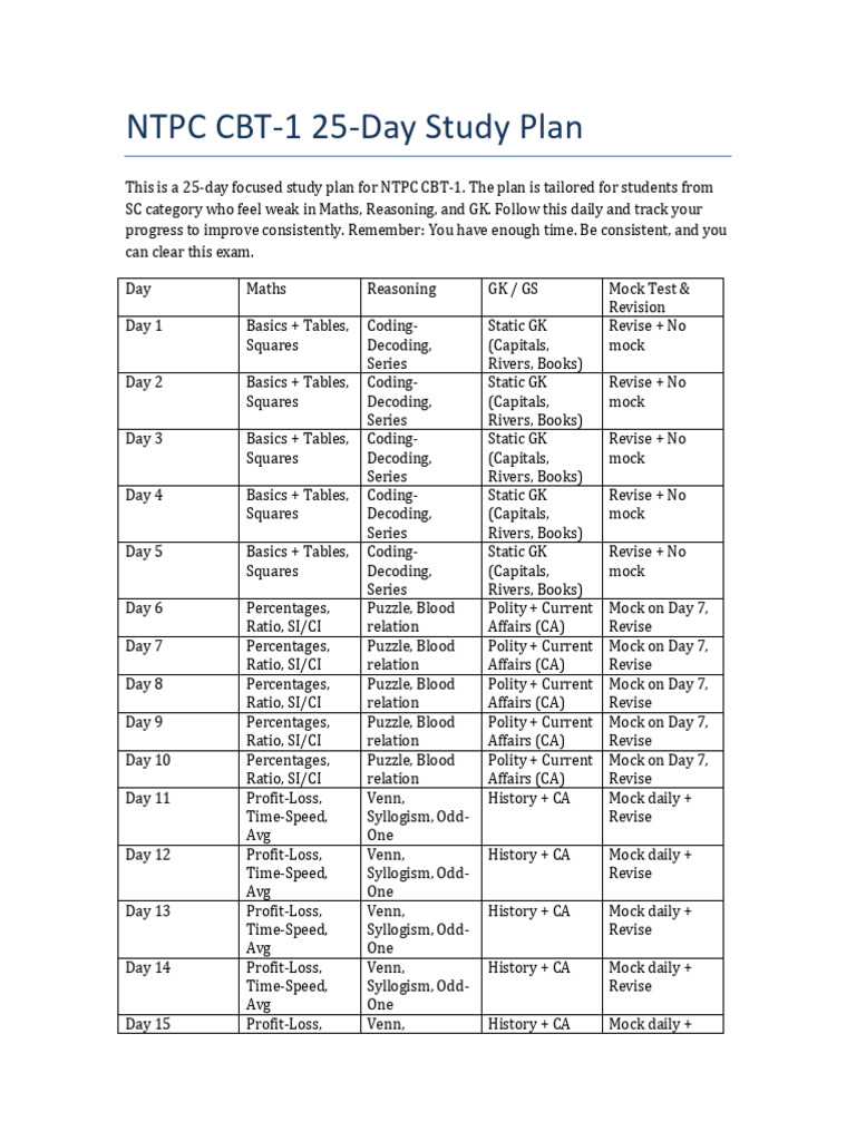 NTPC 25 Day Study Plan | PDF