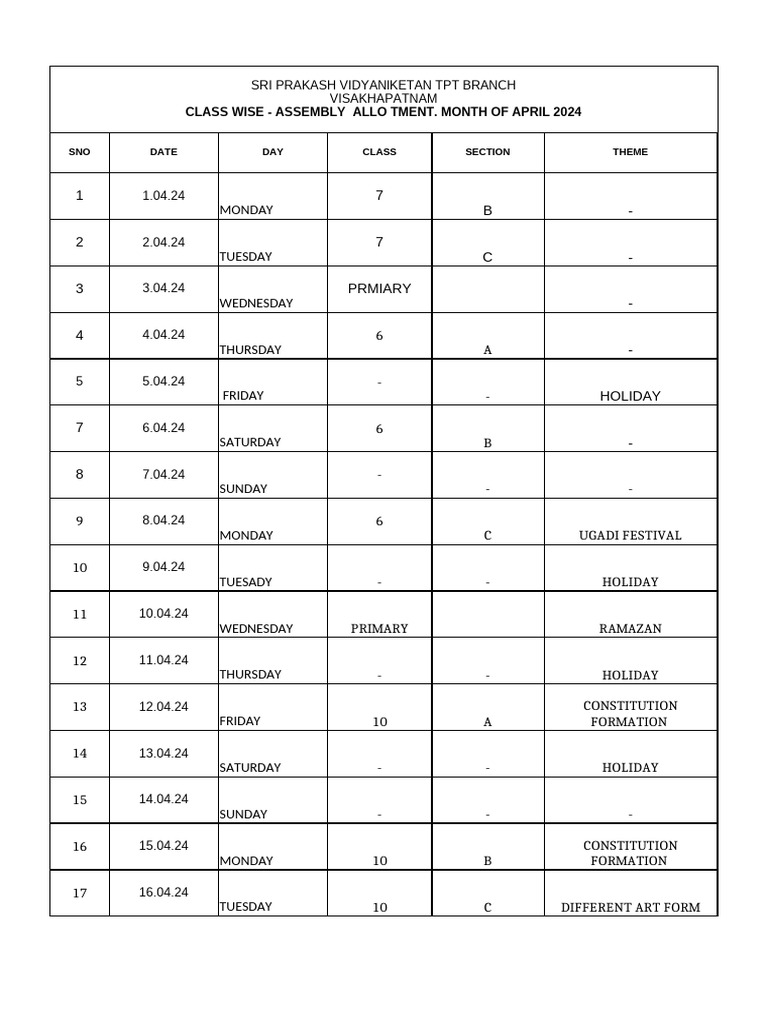 Class Assembly Allotment April-August 2024 | PDF