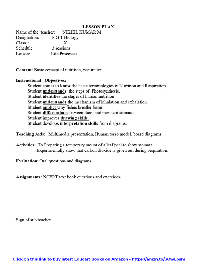 Biology Lesson Plan: Life Processes | PDF | Stoma | Biology