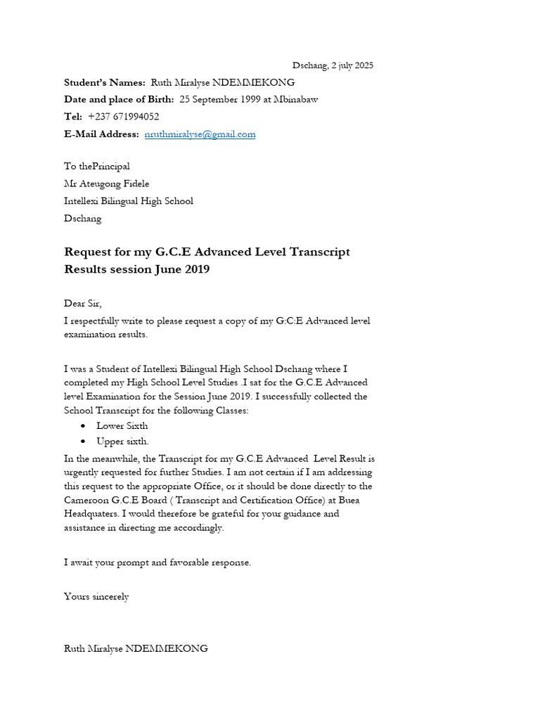 Request for G.C.E Advanced Level Transcript | PDF