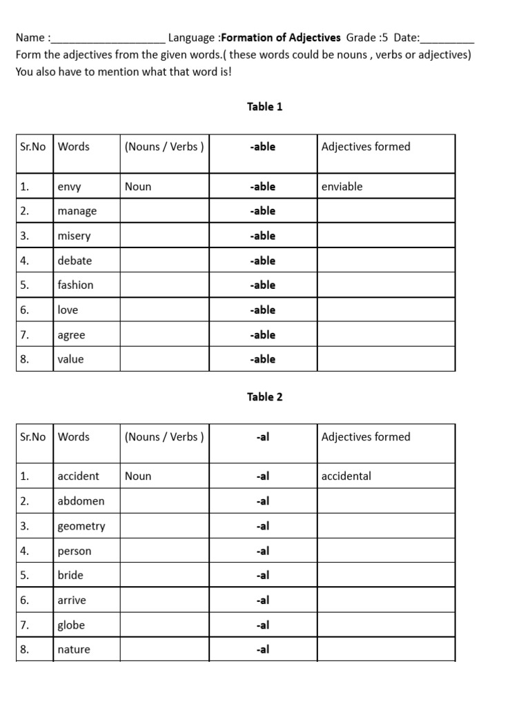 Adjective Formation from Nouns and Verbs | PDF | Adjective | Verb