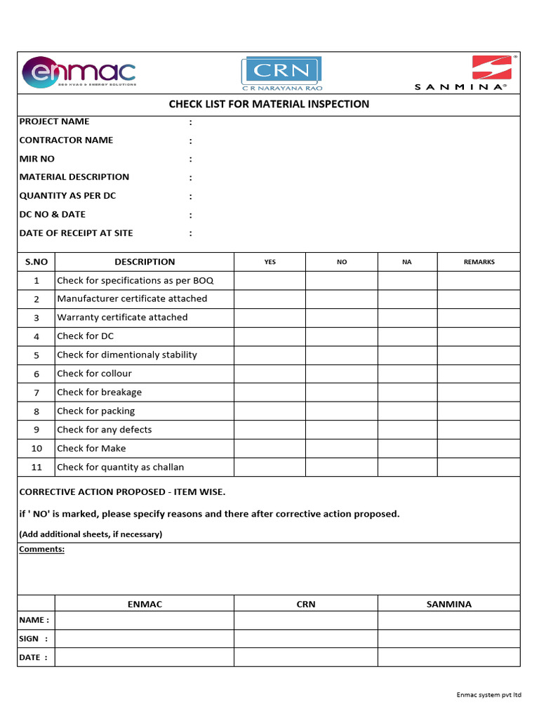 Material Inspection Checklist Format | PDF