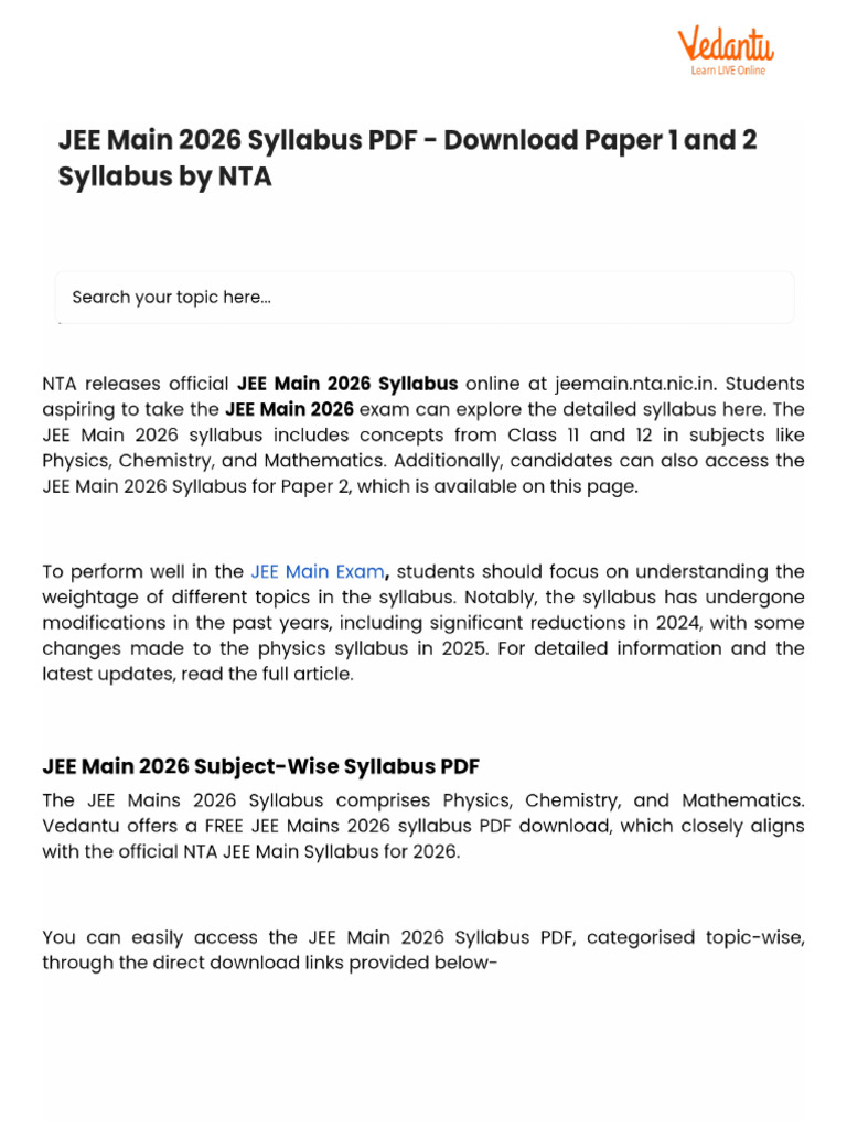 JEE Main 2026 Syllabus PDF - Download Paper 1 and 2 Syllabus by NTA | PDF