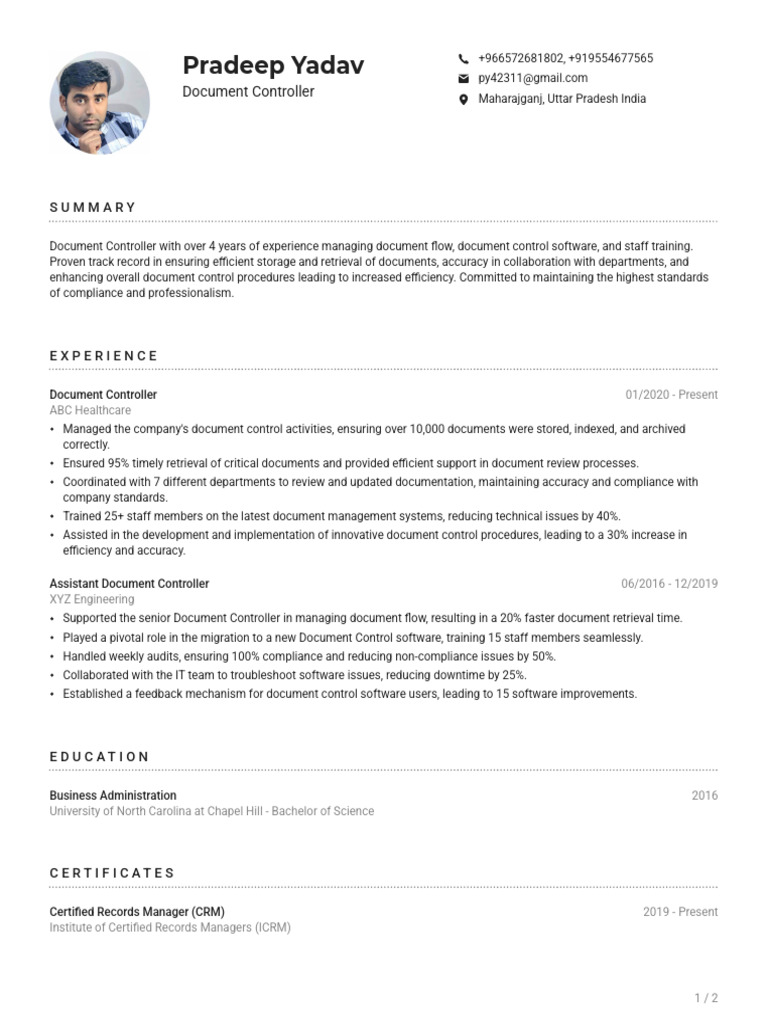 Document Controller CV - Pradeep Yadav | PDF | Regulatory Compliance ...
