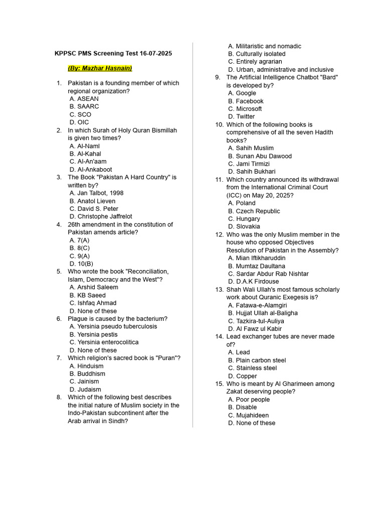 KPPSC PMS Screening Test 2025 Guide | PDF | Plague (Disease)