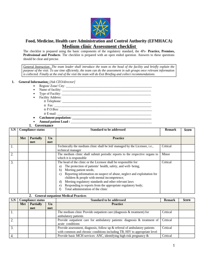 Medium Clinic Checklist | PDF | Housekeeping | Sanitation