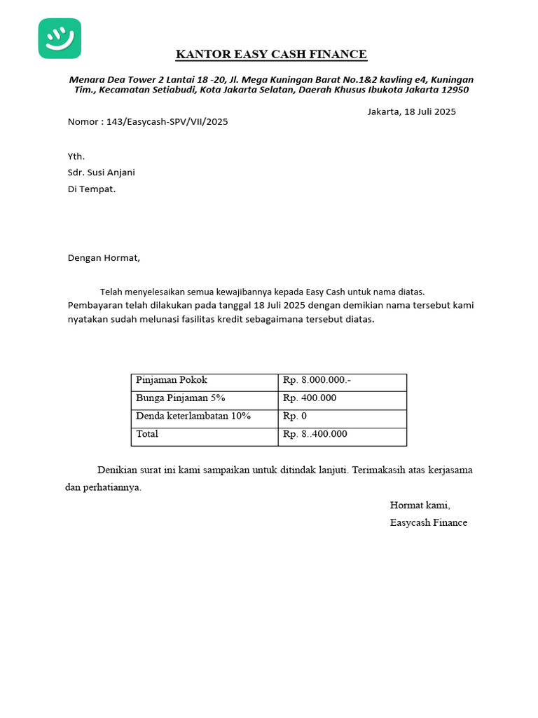 Surat Keterangan Pelunasan Easy Cash | PDF