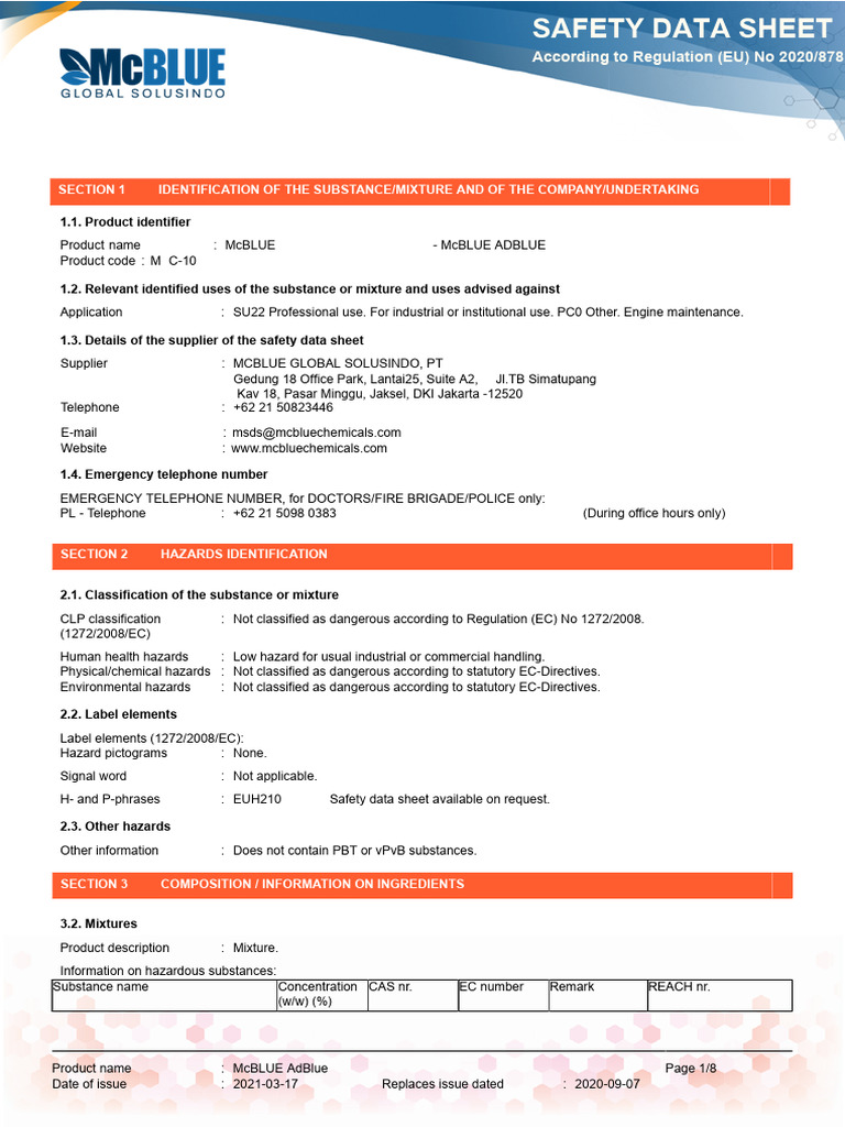 McBLUE AdBlue Safety Data Sheet | PDF | Dangerous Goods | Toxicity