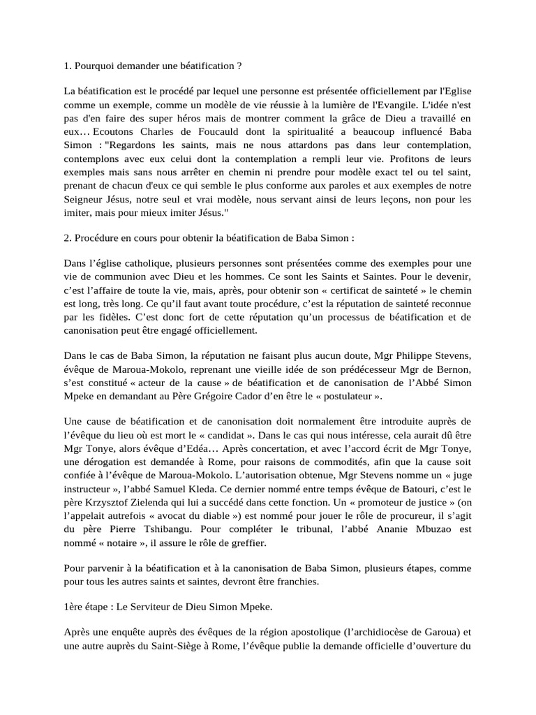 Béatification de Baba Simon Mpeke | PDF | Saint | Droit canonique