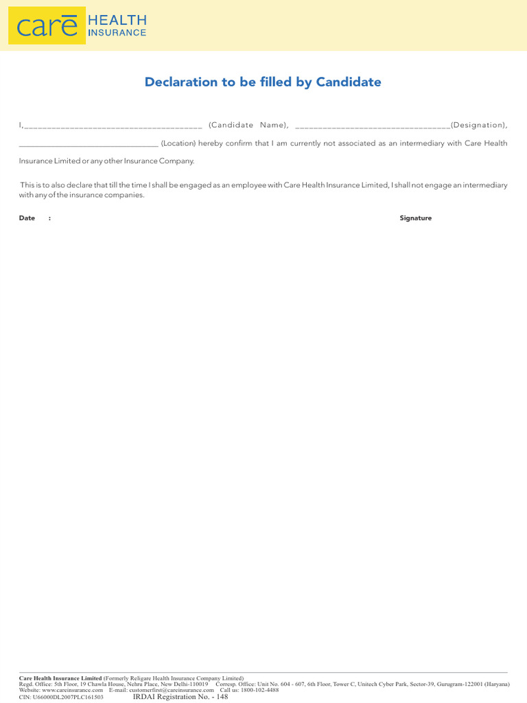 Candidate Declaration Form for Care Insurance | PDF
