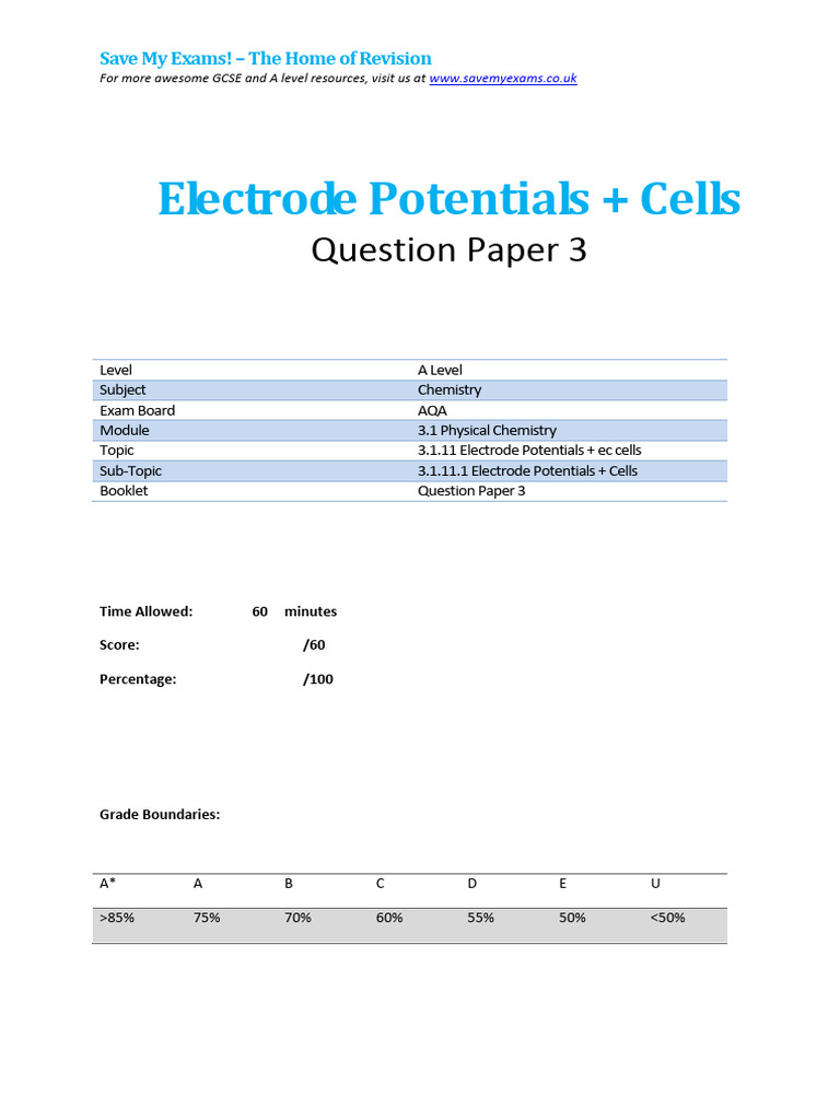 Electrode Potentials A Level Only QP 3 | PDF | Educational Assessment ...