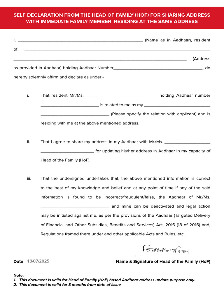 Head of Family Aadhaar Address Declaration | PDF