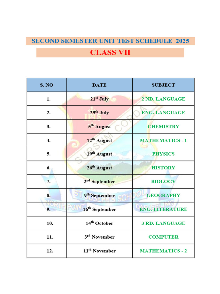 Class VII Second Semester Test Schedule | PDF