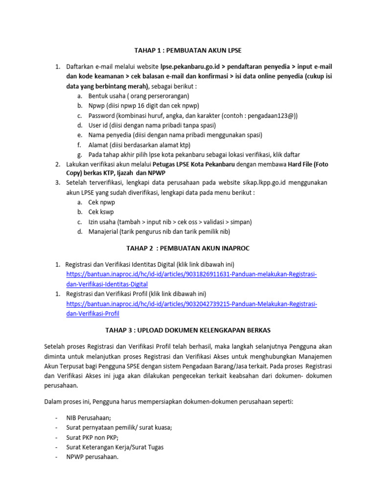 Panduan Pendaftaran LPSE dan Inaproc | PDF