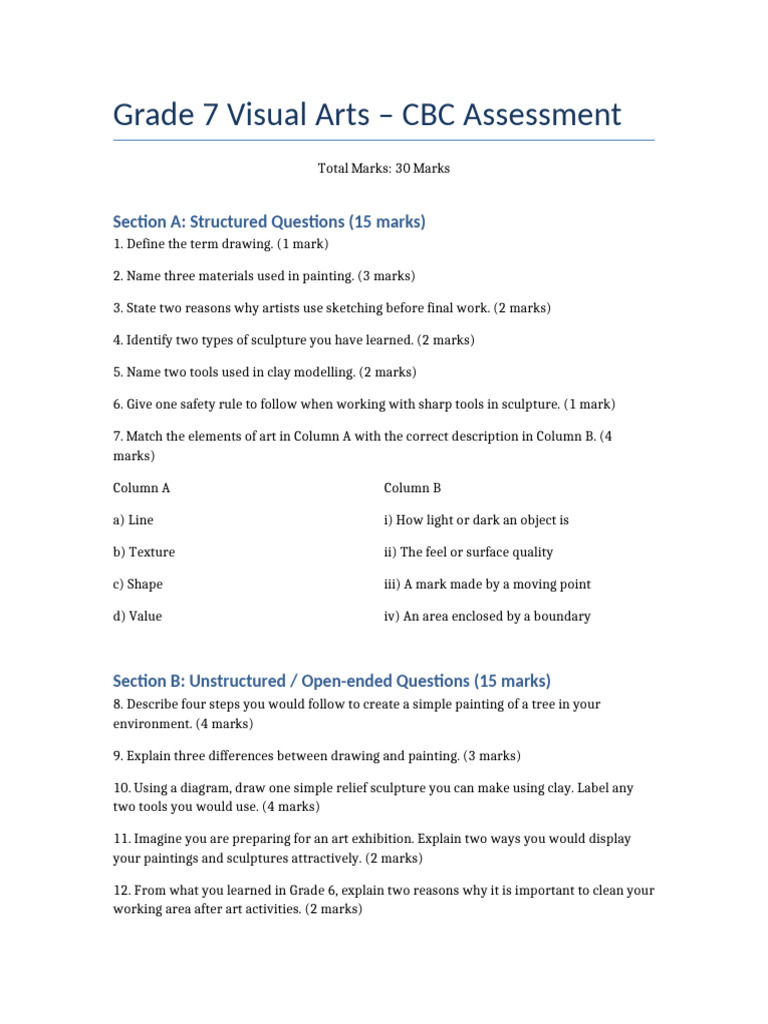 Grade 7 Visual Arts Assessment Guide | PDF
