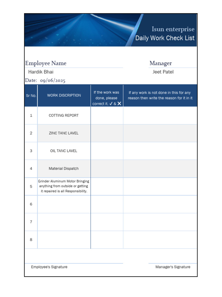 Daily Work Checklist for Isun Enterprise | PDF