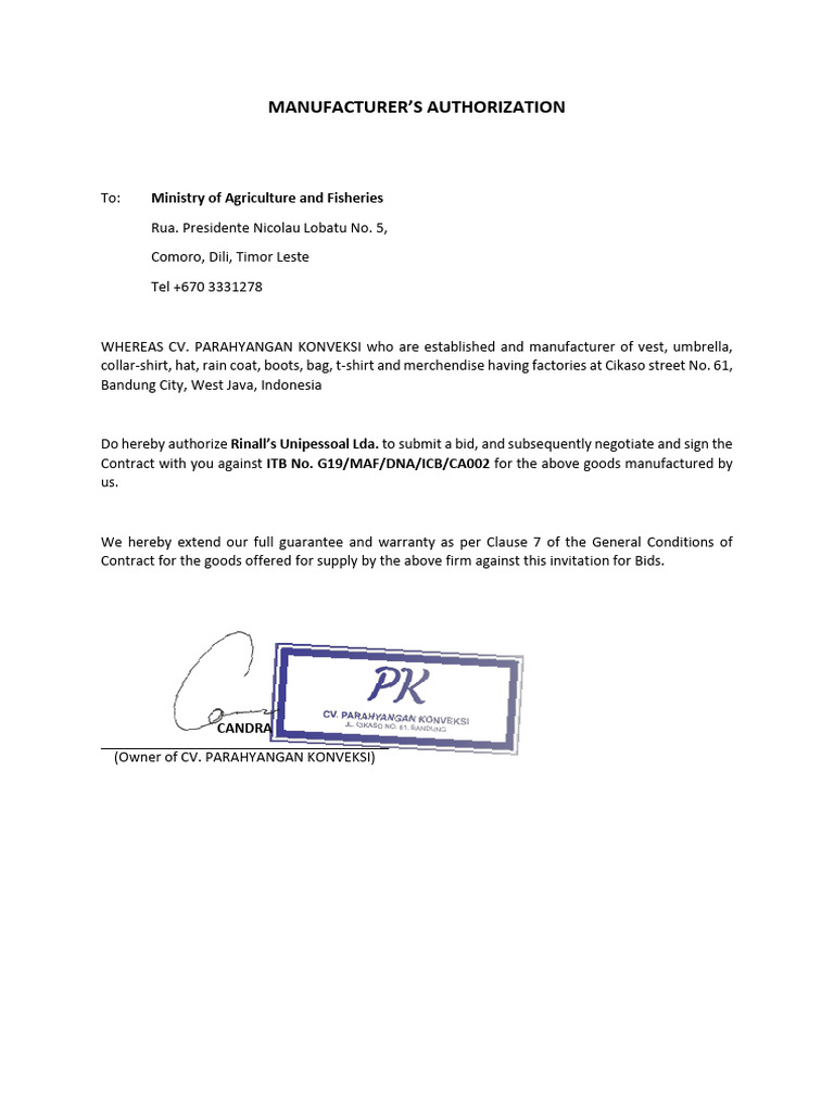Manufacturer's Authorization for Bidding | PDF