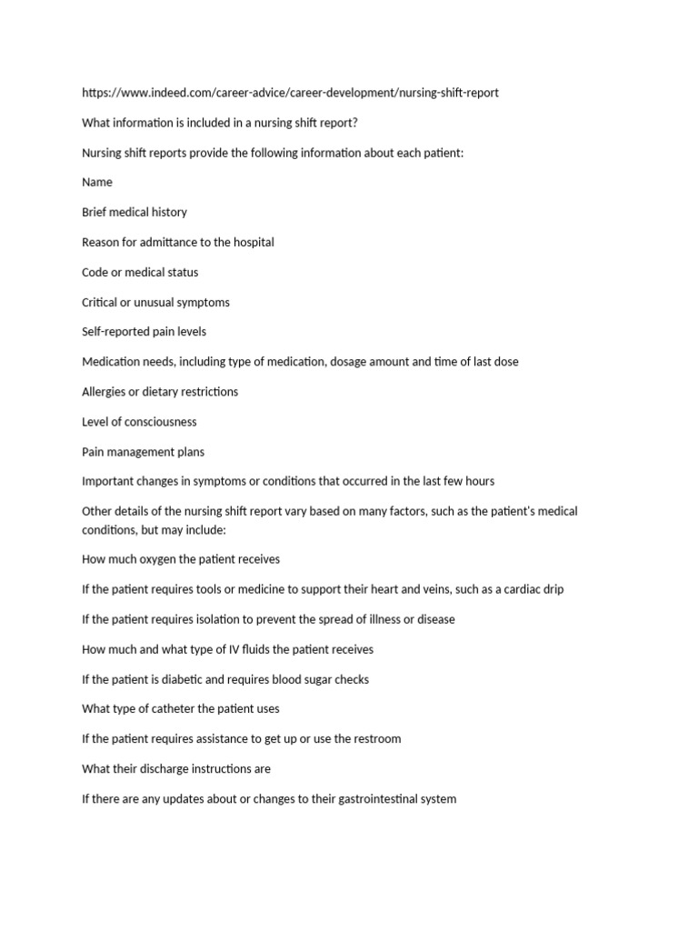 Effective Nursing Shift Report Guide | PDF | Nursing | Patient