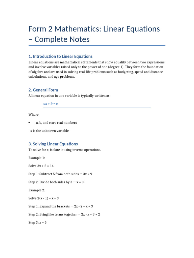 Linear Equations: Complete Study Guide | PDF