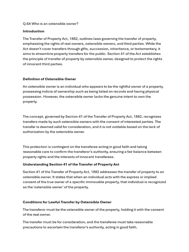Q.6A Who Is An Ostensible Owner | PDF | Property | Consent