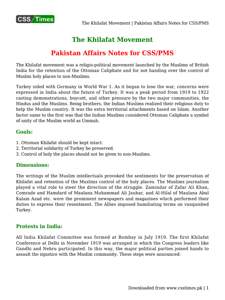 Overview of the Khilafat Movement | PDF | Caliphate | Resistance To The ...