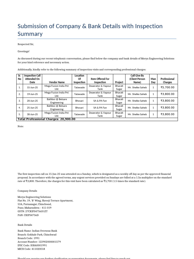 Inspection Summary Morya Engineering | PDF