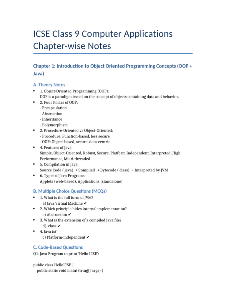 OOP Concepts for ICSE Class 9 | PDF | Object Oriented Programming ...