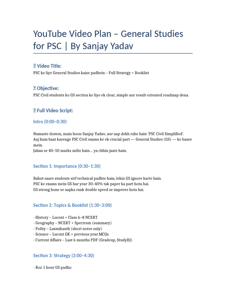 PSC GS YouTube Video Plan by Sanjay Yadav | PDF