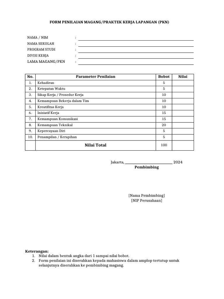 Form Penilaian Magang PKN 2024 | PDF