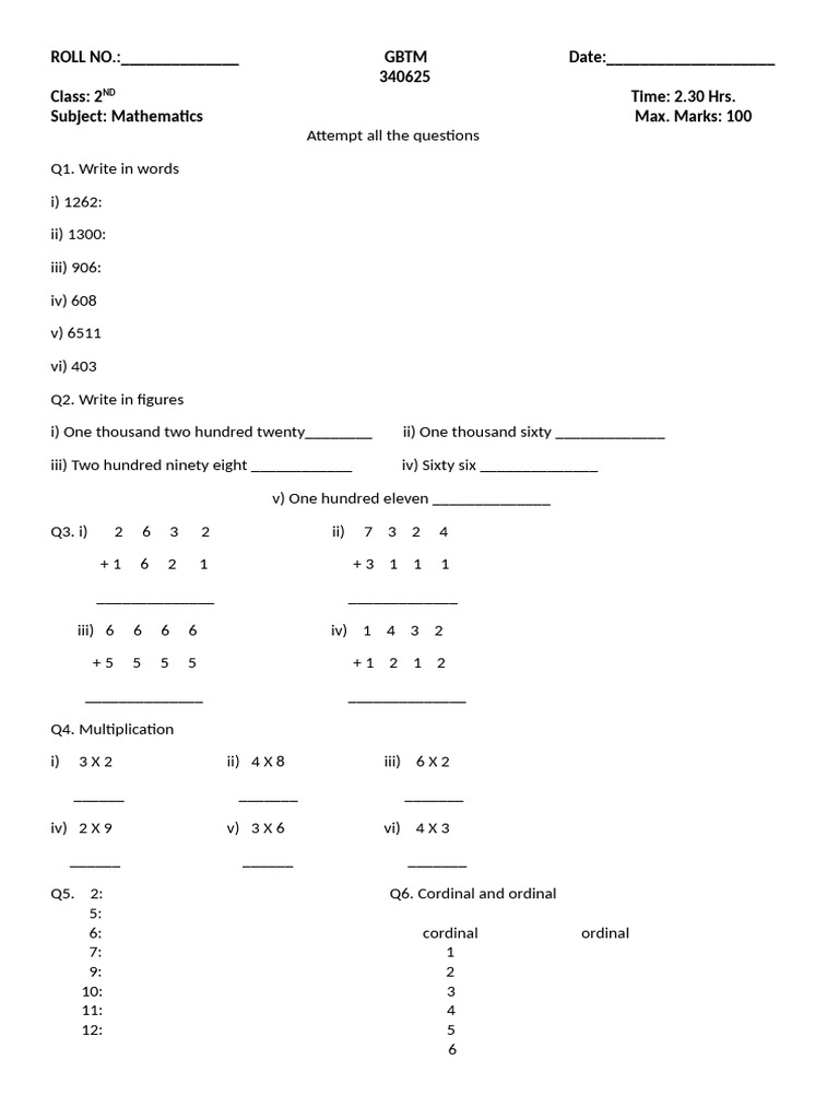 2nd Grade Math Assessment Paper | PDF
