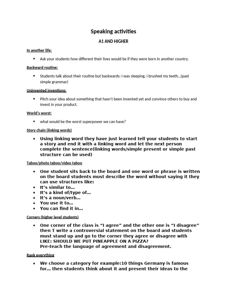 Engaging Speaking Activities for ESL Students | PDF | Linguistics | Grammar