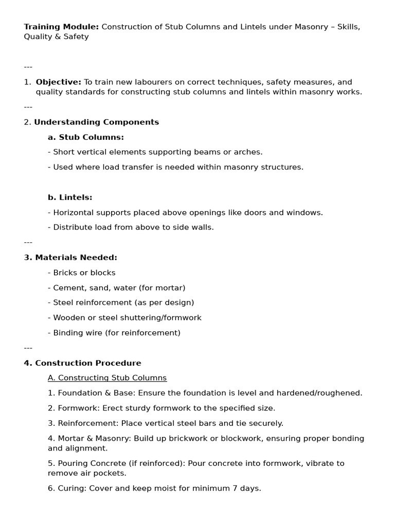 Training Module Topic - Construction of Stub Columns, Lintels | PDF ...