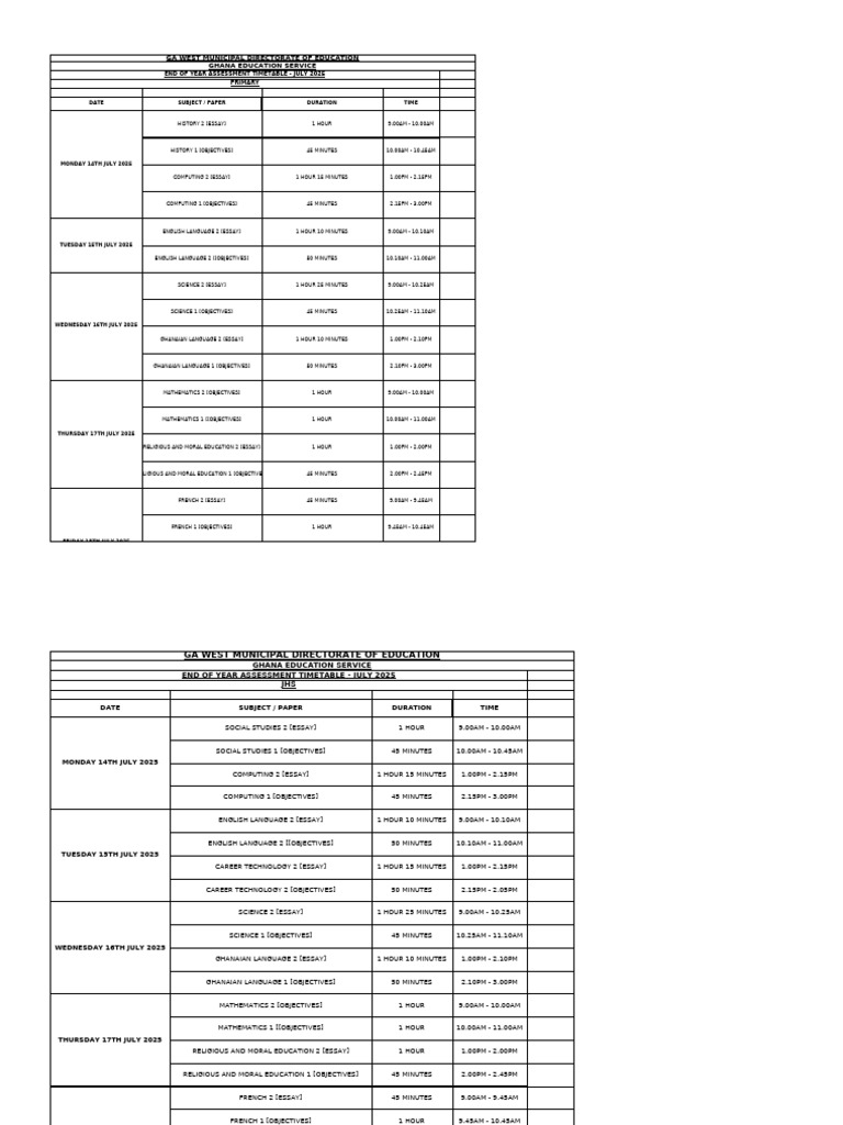 2025 End of Year Assessment Timetable - July | PDF