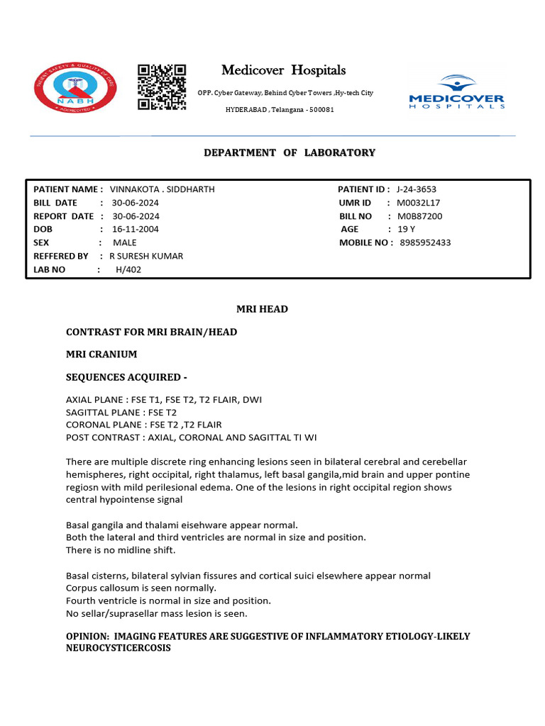Medicover MRI Report: Neurocysticercosis | PDF