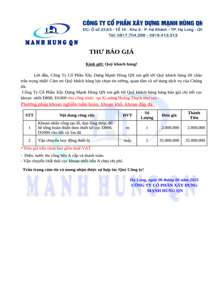 BÁO GIÁ Khoan NH I D800-Hoàng TH CH | PDF