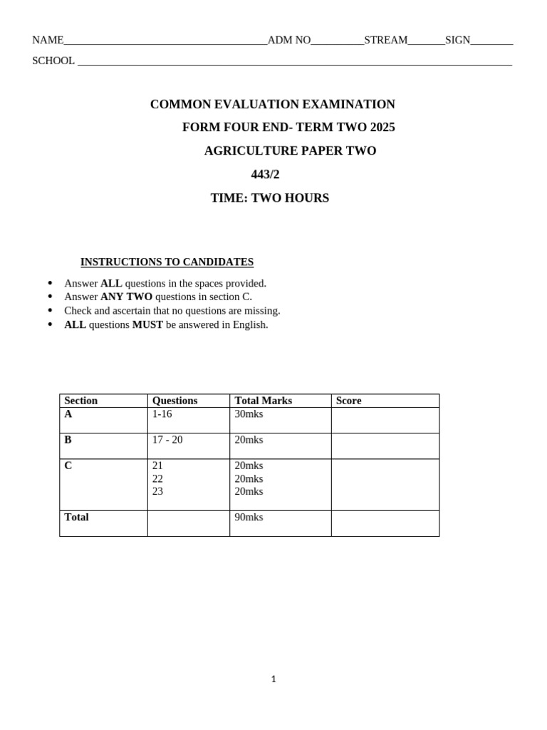KCSE Agriculture Paper 2 2025 Exam PDF Livestock