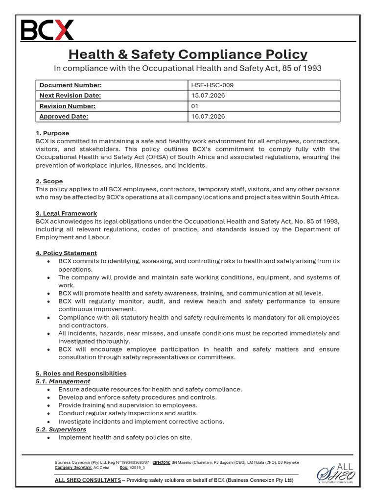 Health & Safety Compliance Policy | PDF | Occupational Safety And ...
