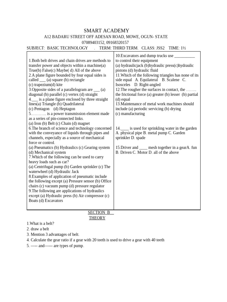 JSS2 Basic Technology Quiz and Theory | PDF | Rectangle | Mechanical ...
