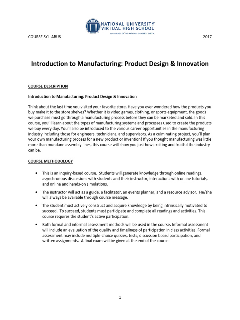 Manufacturing Product Design Course Syllabus | PDF | Academic ...