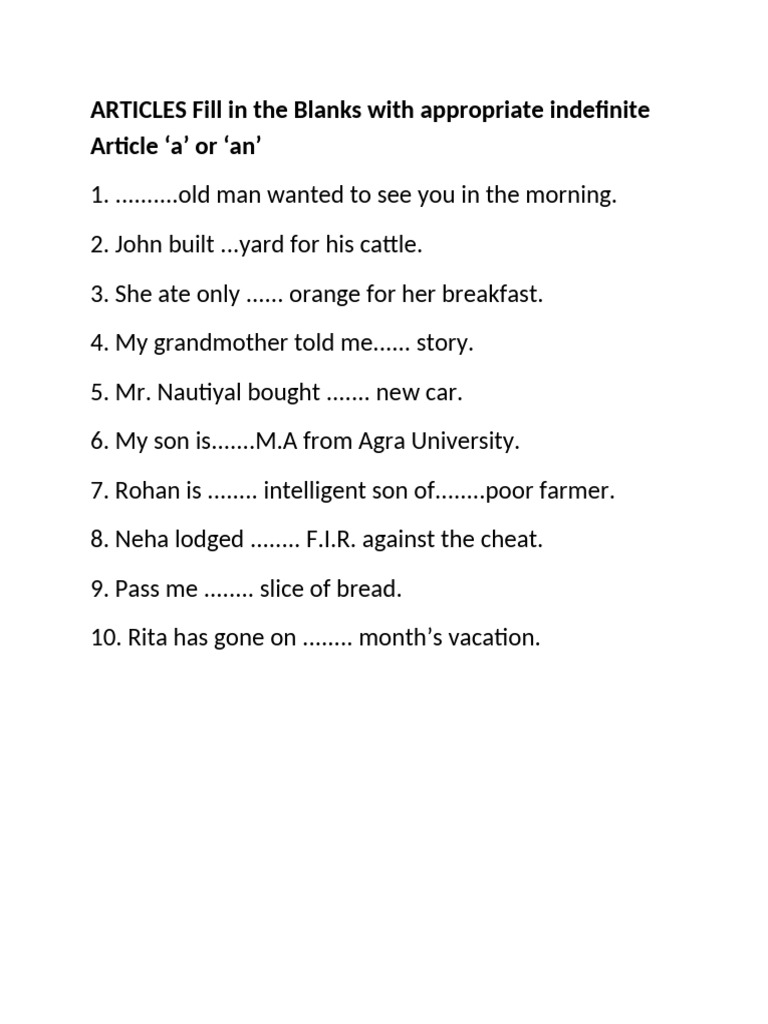 Articles Worksheet | PDF