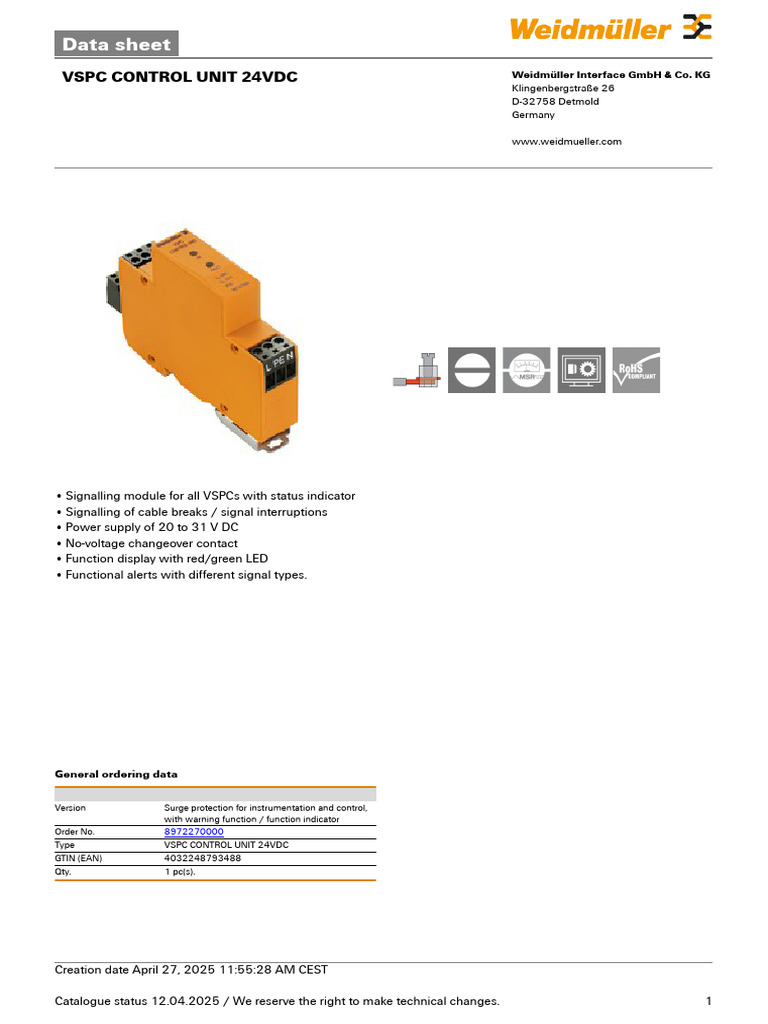 VSPC Control Unit Data Sheet | PDF | Power Supply | Wire