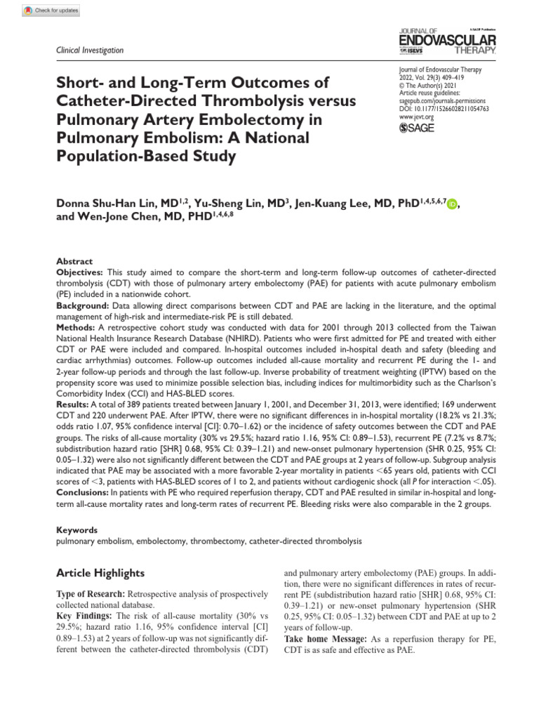 Lin Et Al 2021 Short and Long Term Outcomes of Catheter Directed ...