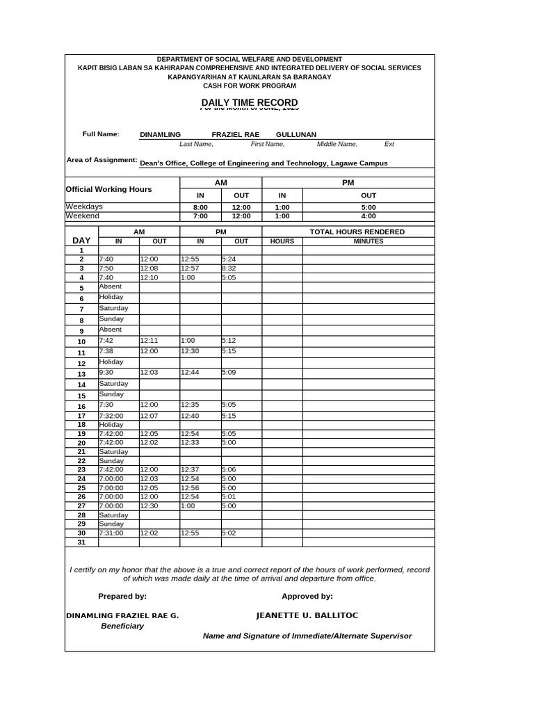 ANNEX D Daily Time Record For CFWP | PDF