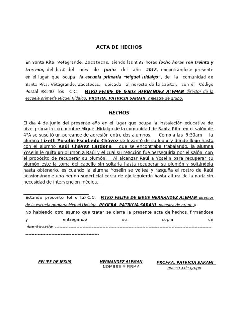 Formato de Acta de Hechos Delegado 2016 2018 | PDF