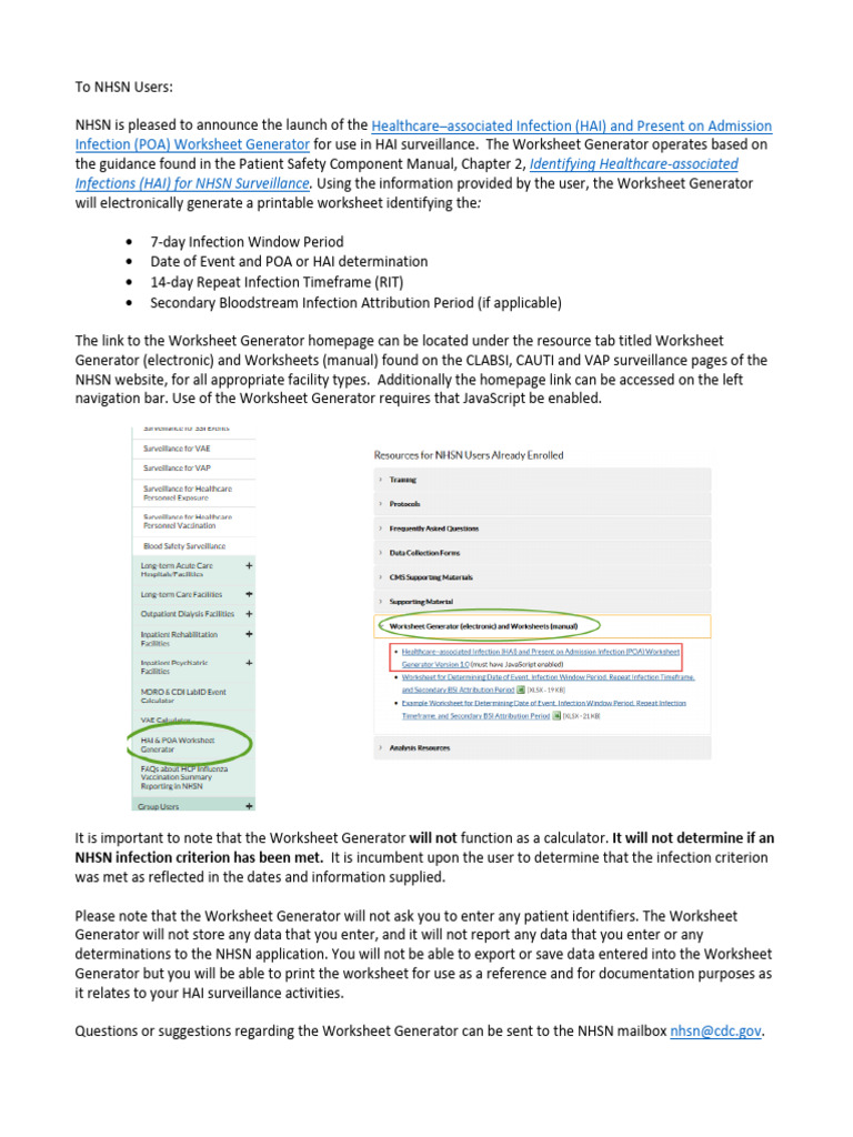 NHSN HAI Worksheet Generator Launch | PDF