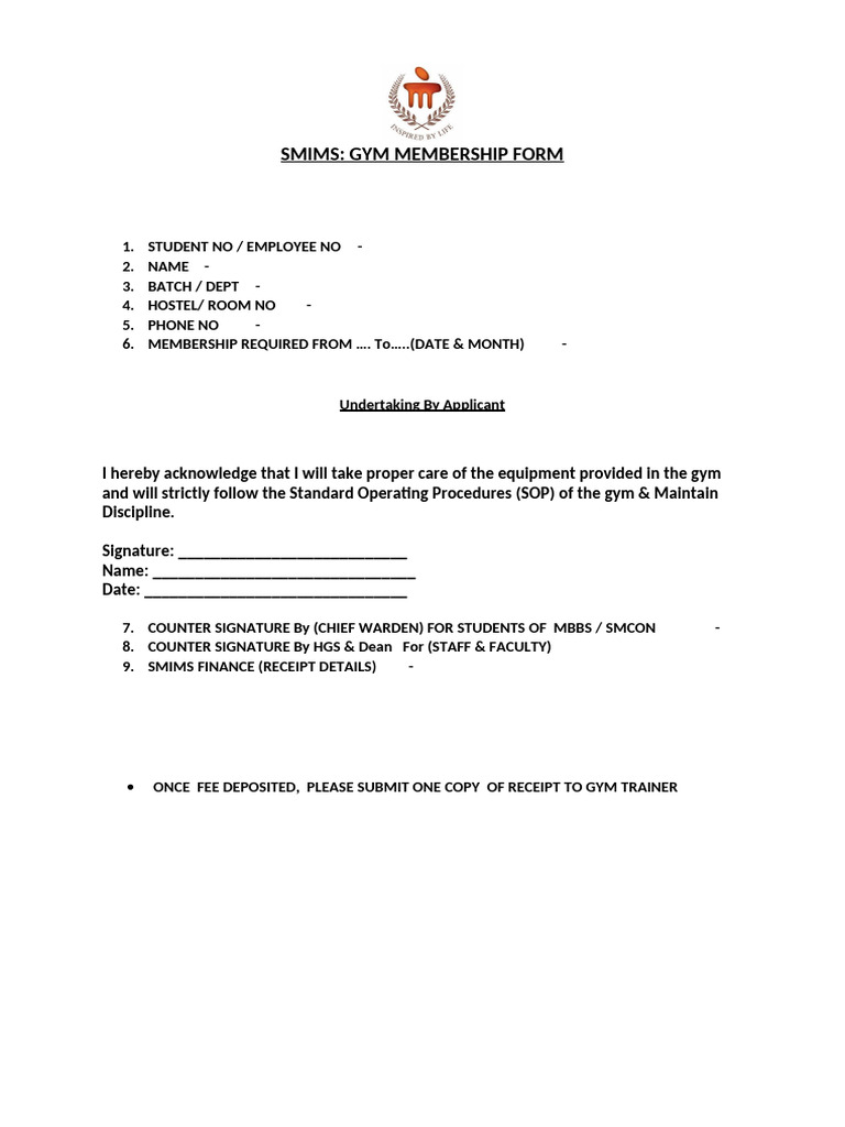 SMIMS Gym Membership Registration Form | PDF