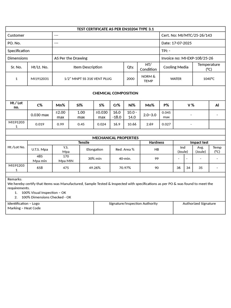 Test Certificate As Per En10204 Type 3.1 12.7 MM | PDF | Materials ...