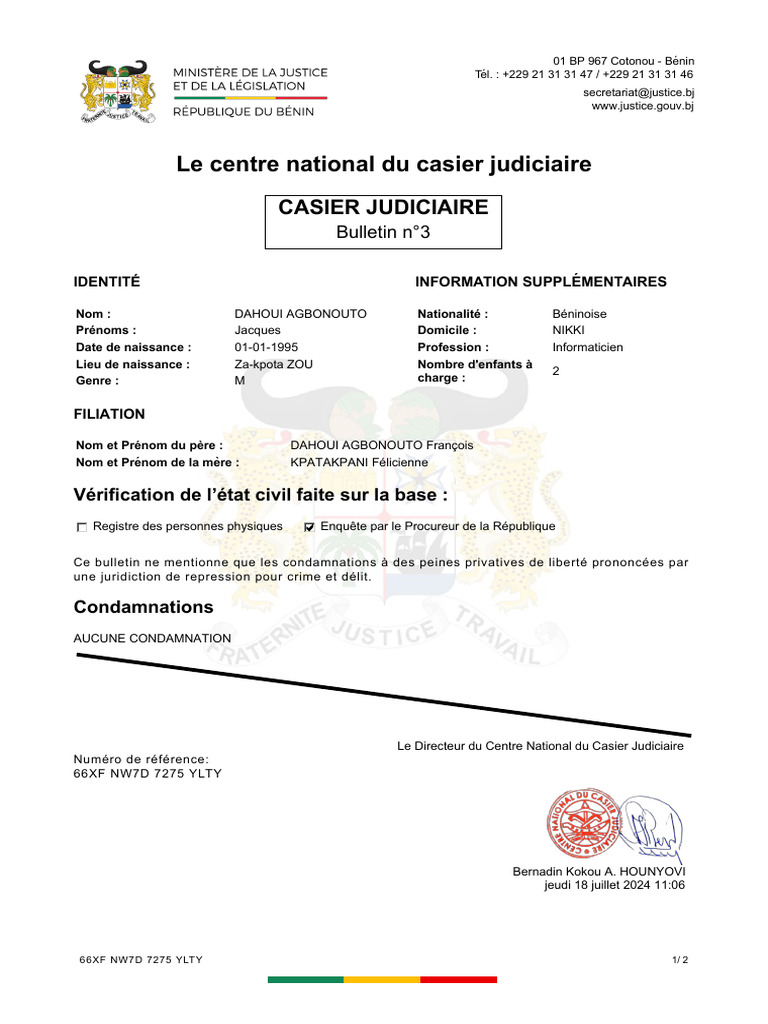 Extrait de casier judiciaire vierge | PDF | Justice | Crime et violence
