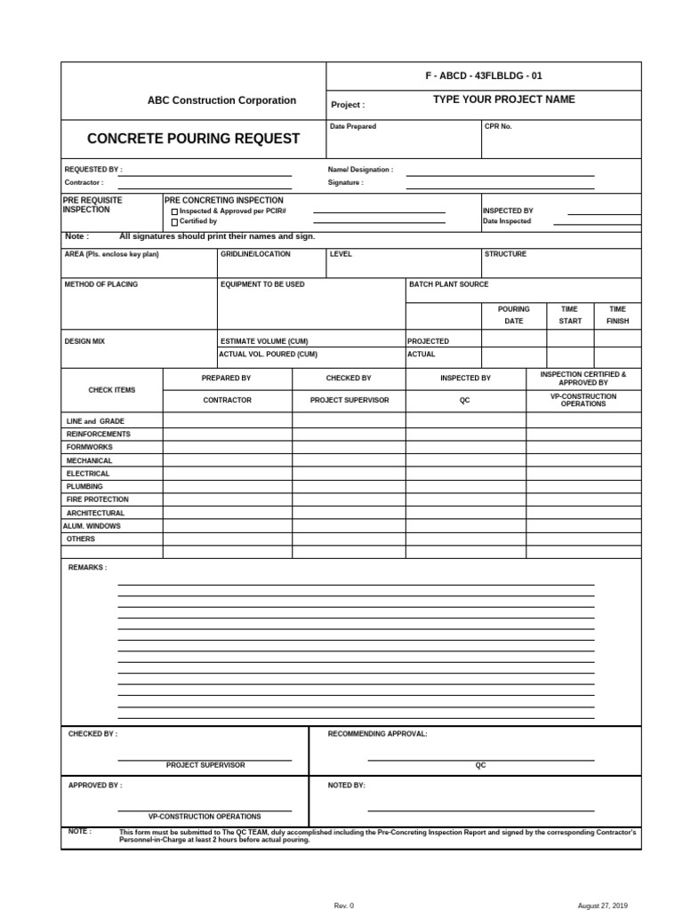 Concrete Pouring Request Form | PDF | Architectural Design | Architecture