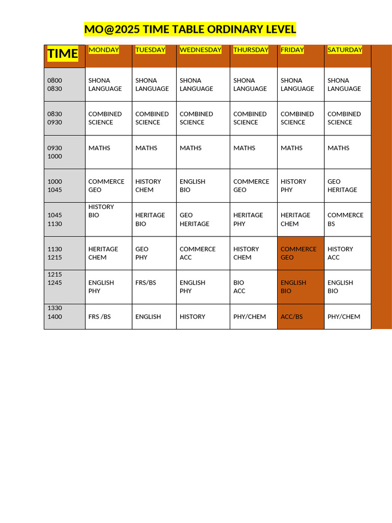 MO@2025 Ordinary Level Timetable | PDF